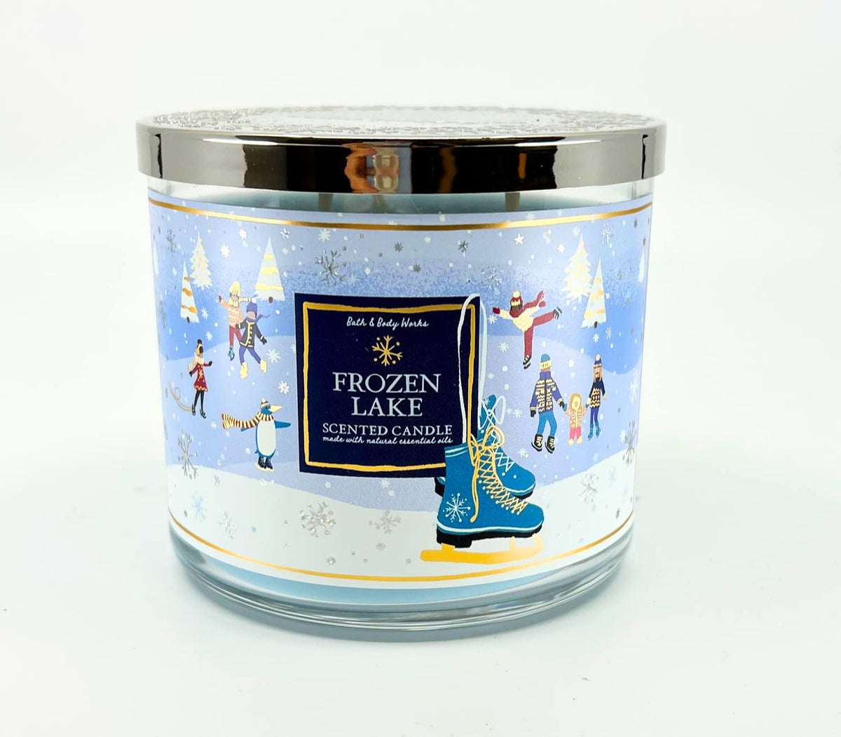 bougie Bath & Body Works 3-wick lac gele, ambiance hivernale chaleureuse et parfum frais.