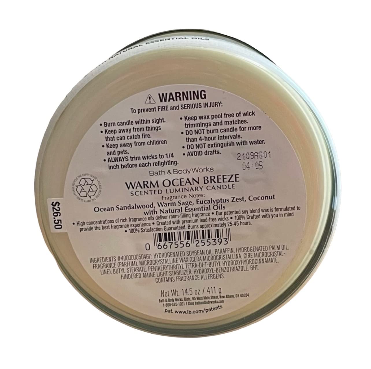 Bath & Body Works Bougie mer-santal-eucalyptus-coco – détente nocturne et parfum enveloppant.