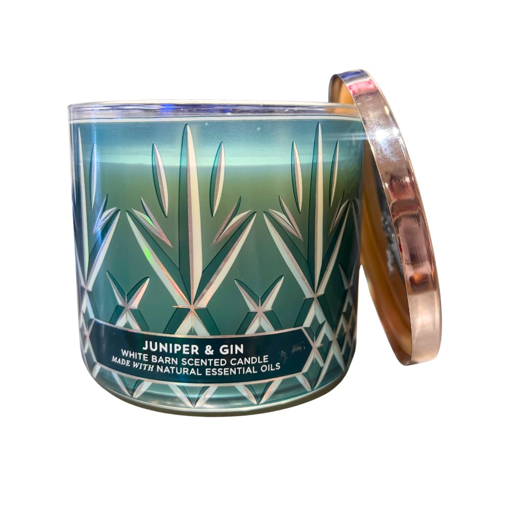 Juniper & Gin 3-Wick, bougie Bath & Body Works emballage cadeau lumineux.