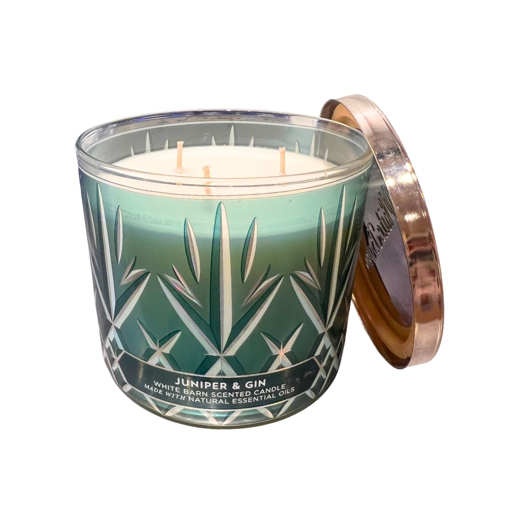 Bougie Bath & Body Works Juniper & Gin 3-Wick, jarre claire chaleureuse.