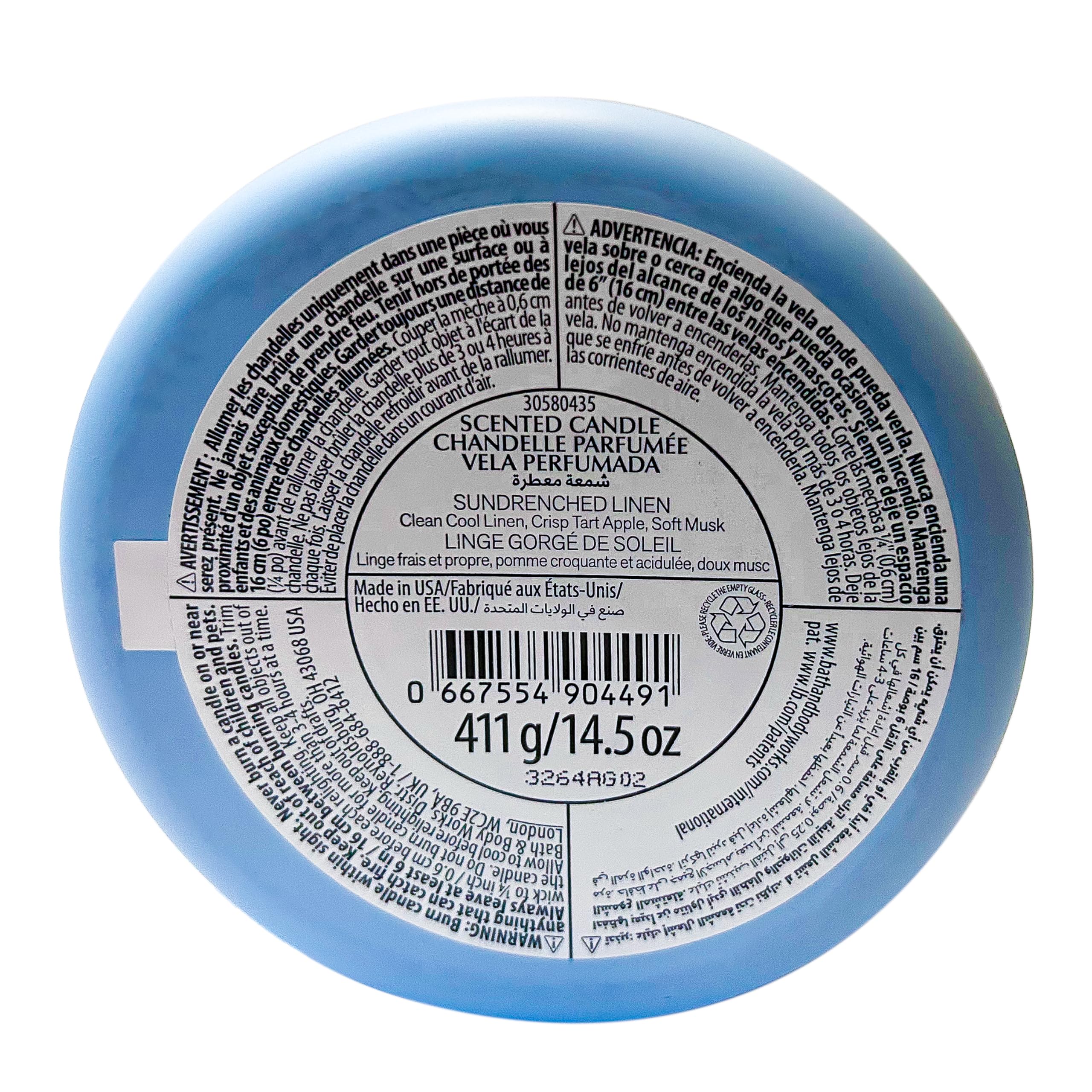 Bougie Bath & Body Works White Barn 3-mèches, linge ensoleillé, diffusion parfumée homogène.