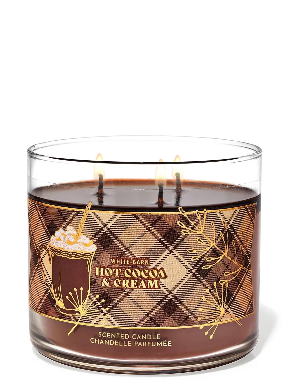 Bougie Bath & Body Works White Barn Hot Cocoa & Cream emballage, ambiance hivernale réconfortante.