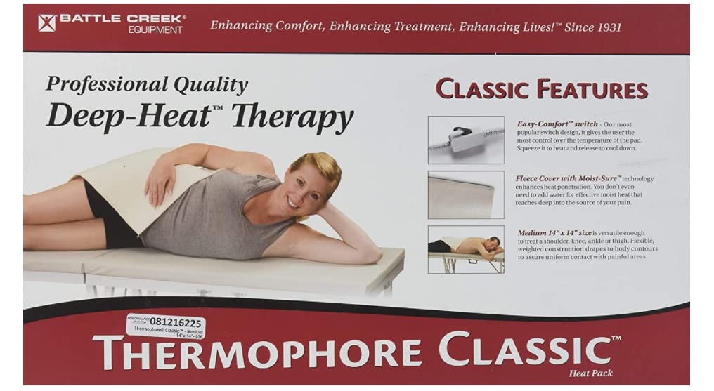 Thermophore Battle Creek 056, ensemble visible, chaleur humide pour détente musculaire.