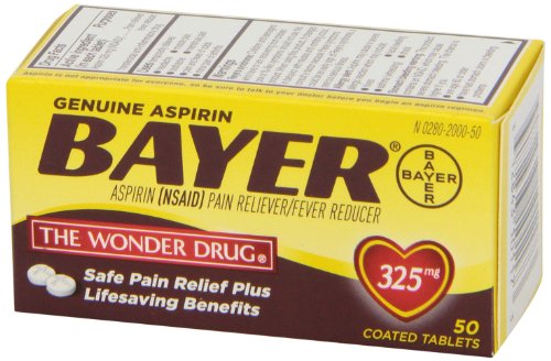 Étiquette Bayer Aspirine 325 mg montrant les codes NDC pour référence
