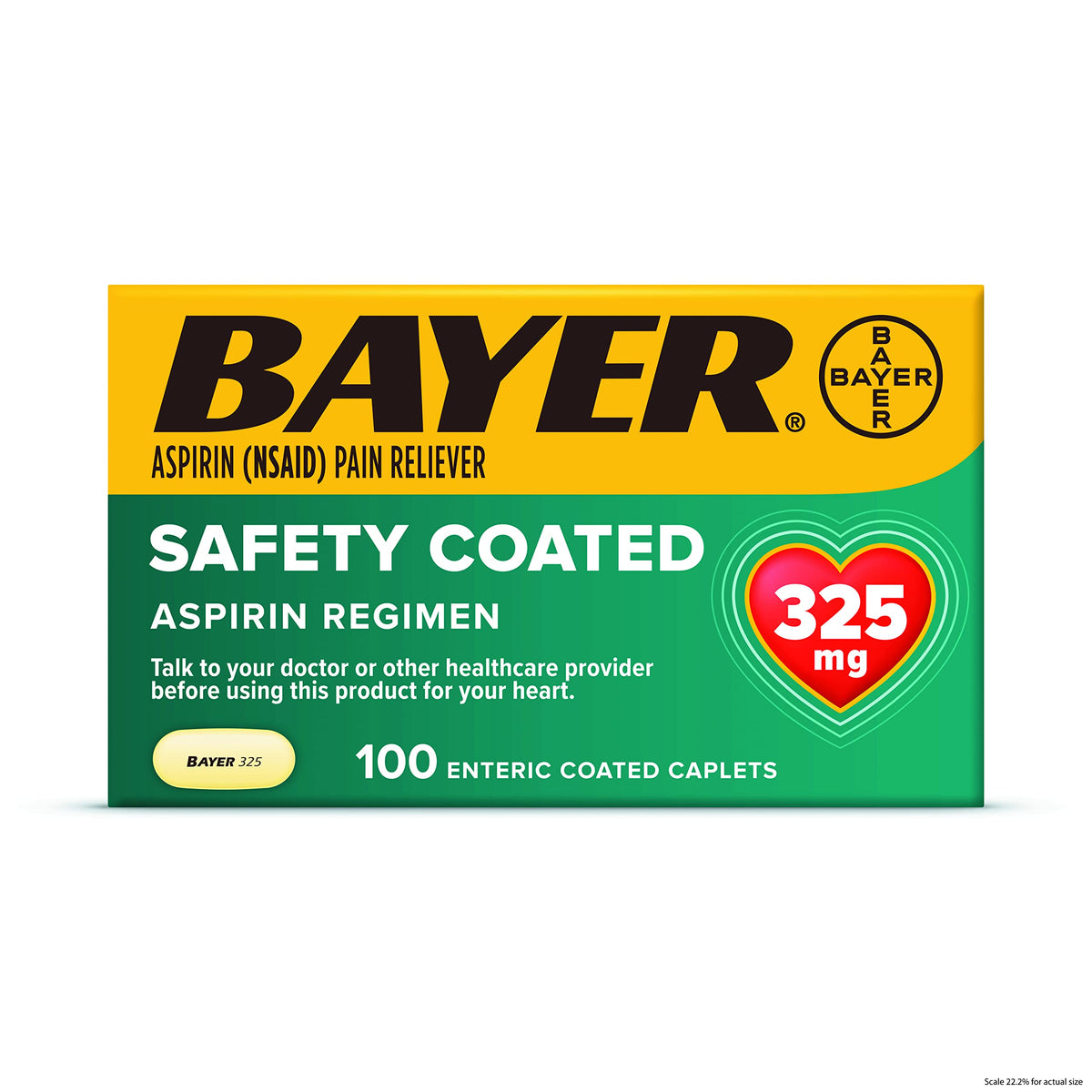 Bayer Aspirine 325 mg caplets enrobés, emballage double-boîtes, pratique pour le quotidien.