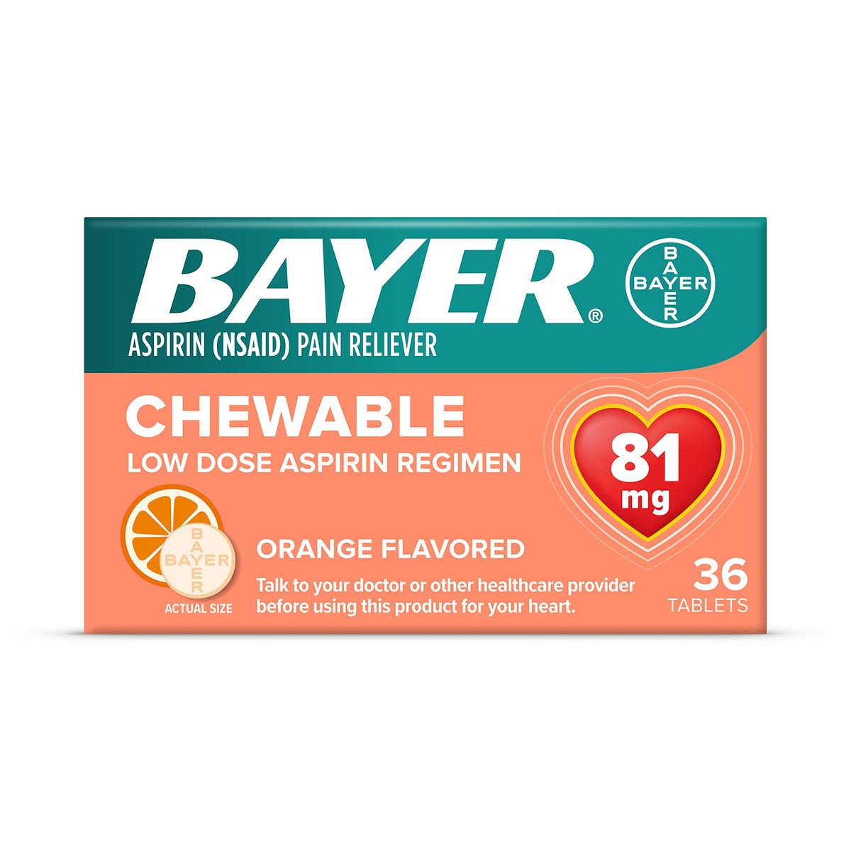 Boîte Bayer aspirine croquable orange 81 mg, pratique pour une routine quotidienne.