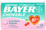 Bayer Aspirine à croquer 81 mg goût cerise, pratique pour une prise quotidienne.