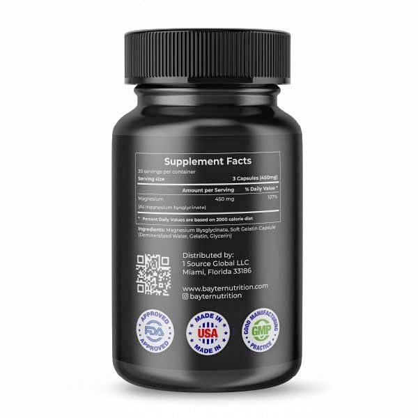 Flacon Bayter Nutrition Magnésium Bisglycinate relaxation et sommeil réparateur.