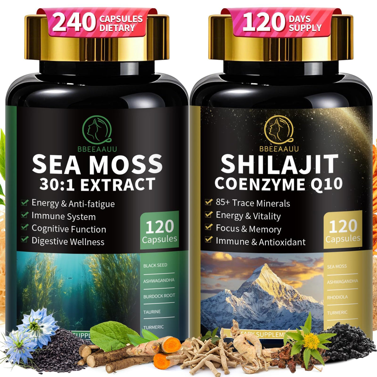 BBEEAAUU Shilajit – bouteille avec algues marines, énergie durable et vitalité.