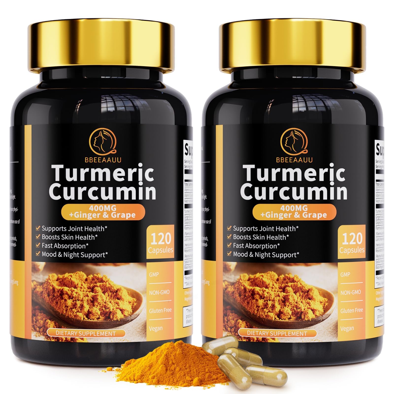 BBEEAAUU Curcumine - bouteille, usage quotidien et absorption optimale.