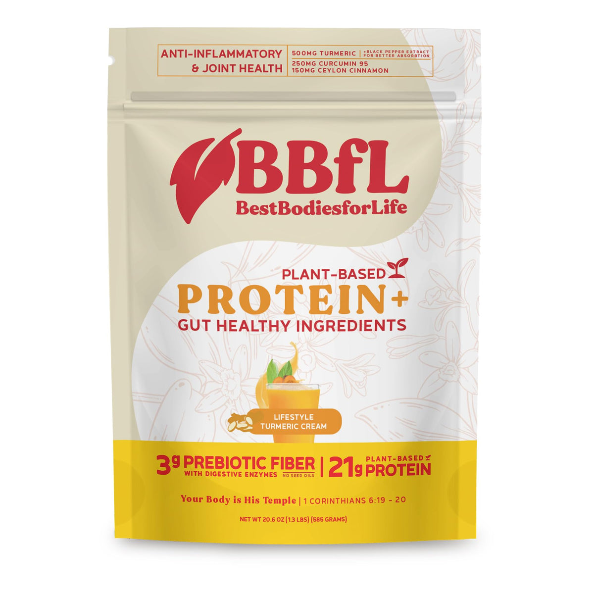 BBfL Shake protéiné végétal – bouteille crème-curcuma, énergie quotidienne et goût riche.