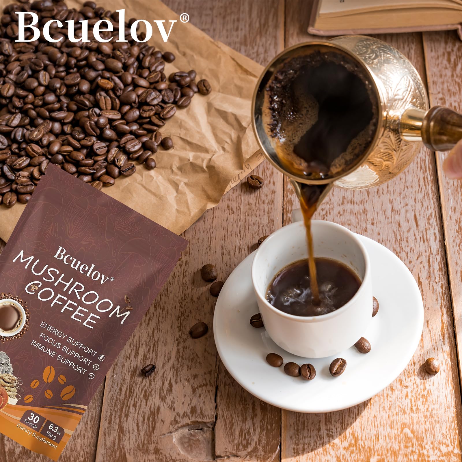 Bcuelov Café champignons texture veloutée avec lait végétal.