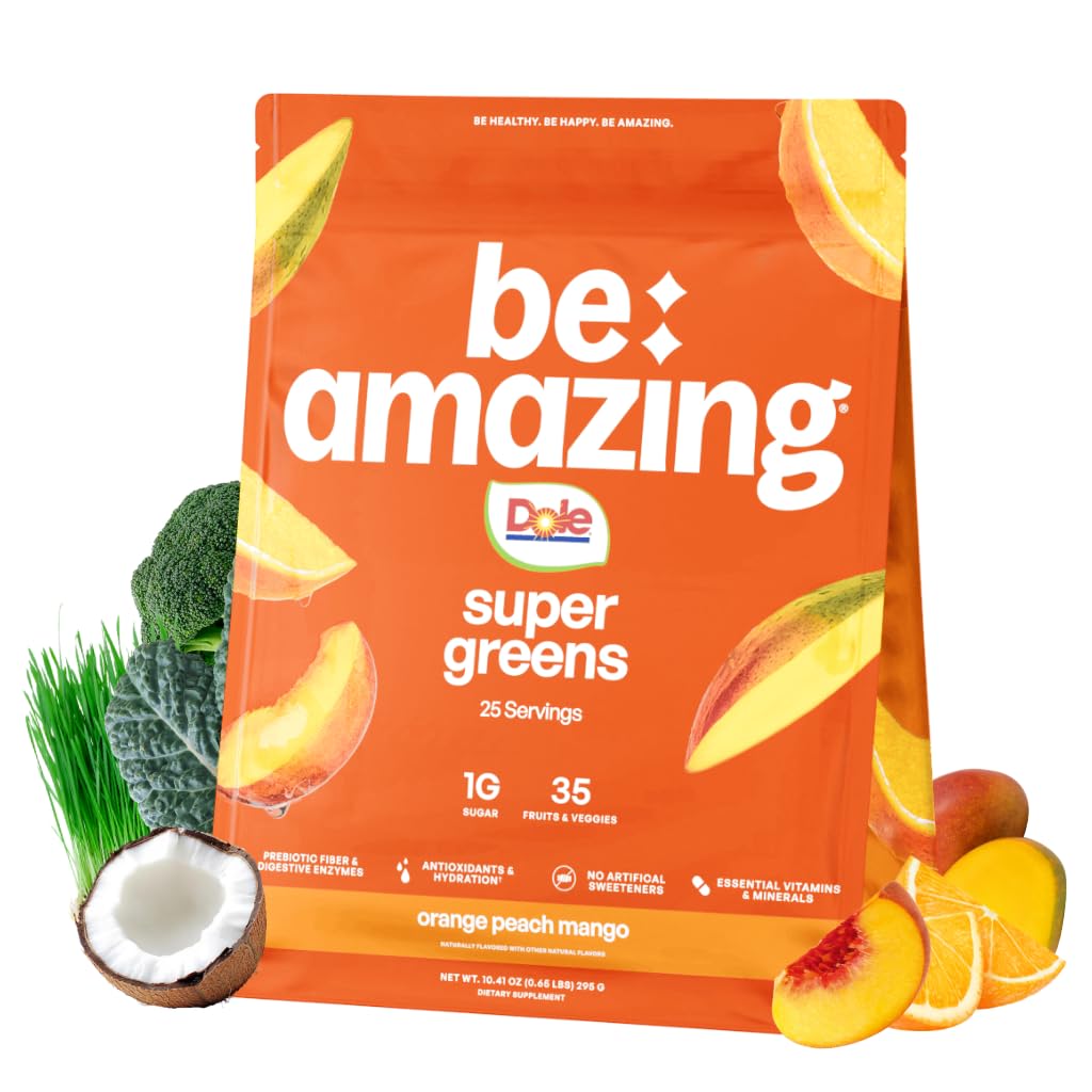 BE AMAZING Super Greens: emballage et doseur visibles pour une préparation facile