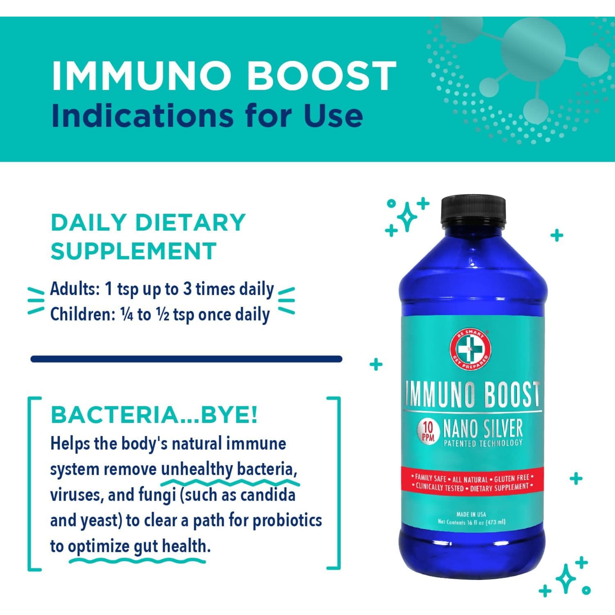 Be Smart Get Prepared Immuno Boost: étiquette indiquant fabrication USA et certifications.