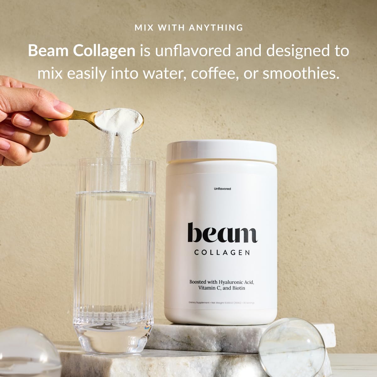 Beam Collagen poudre avec acide hyaluronique pour une peau hydratee.