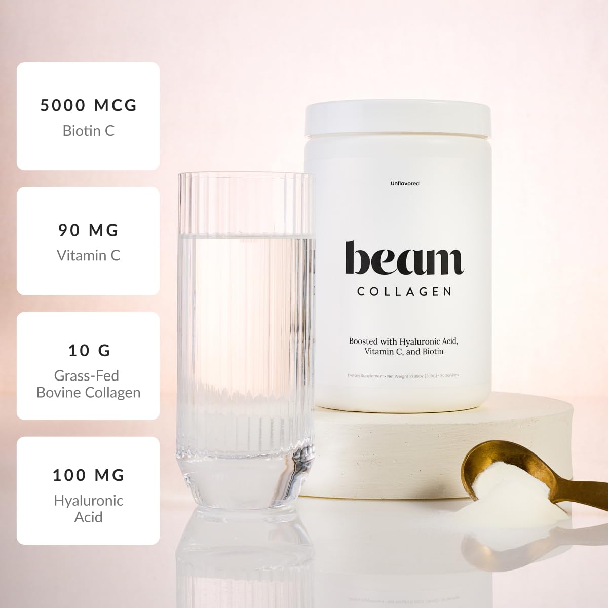 Beam Collagen poudre enrichie biotine pour cheveux et ongles plus forts.