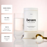 Beam Collagen poudre enrichie biotine pour cheveux et ongles plus forts.