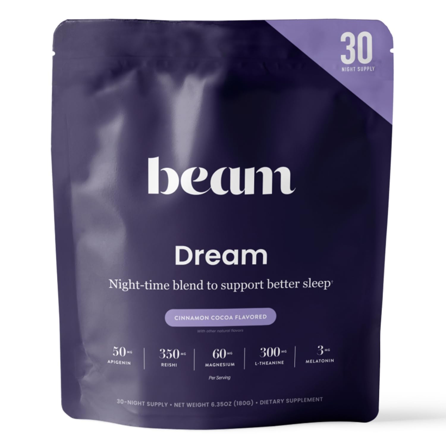 Beam Dream Sleep Powder cannelle cacao dans bouteille, soutien d'une routine nocturne apaisante.