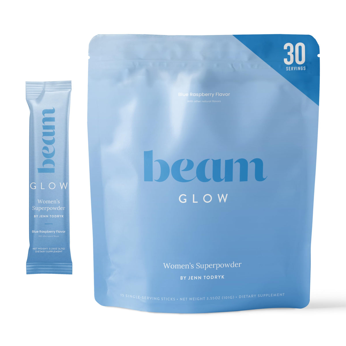 Beam Glow — bouteille-poudre montrant le conditionnement et l’usage potentiel.