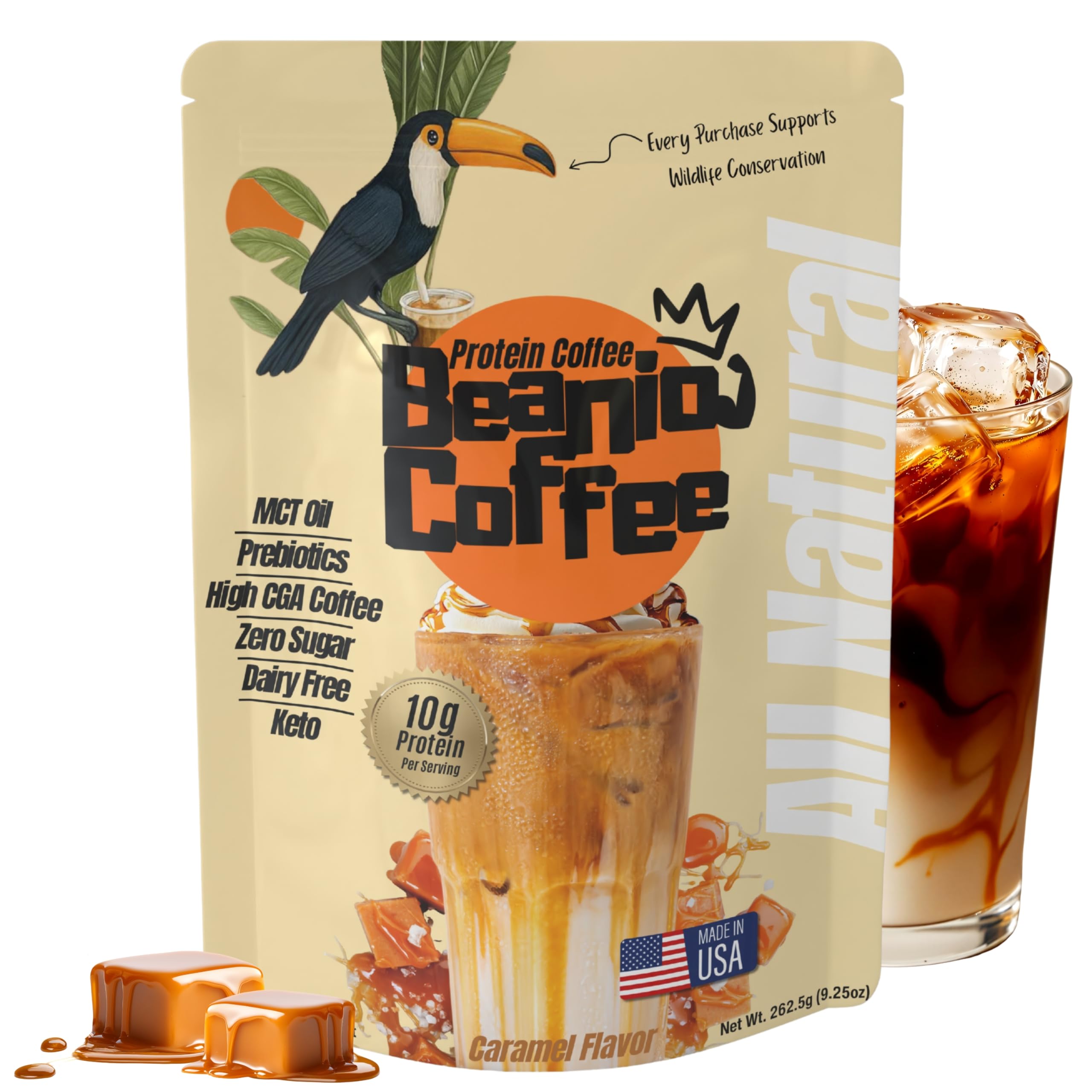 Beanio Caramel Proteine Coffee, verre glace, énergie durable sans sucre.