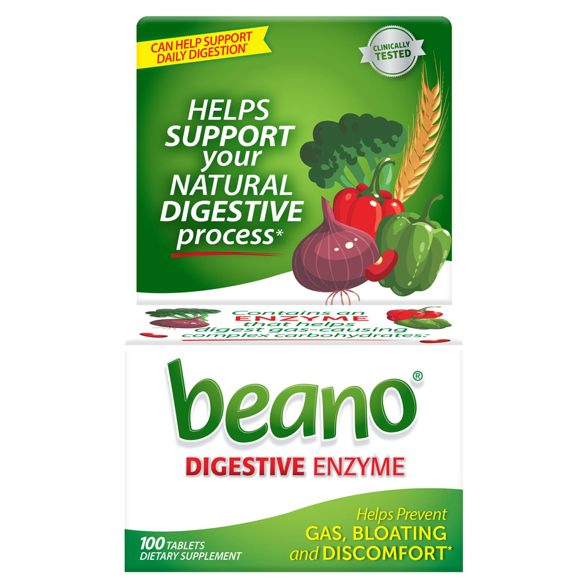 Beano comprimés digestifs, bouteille pratique, aide potentielle après les repas pour les gaz.