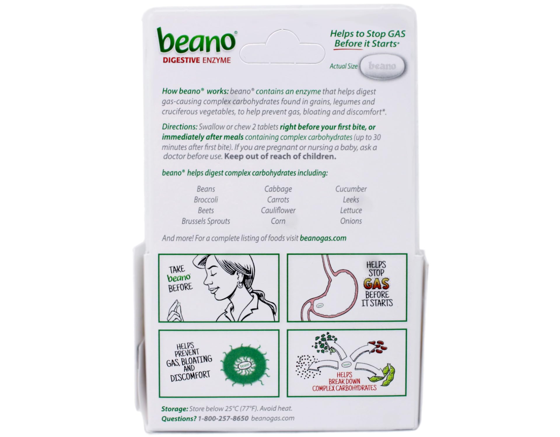 Beano tablettes 300 GALU: tablettes visibles dans la boîte, format pratique.