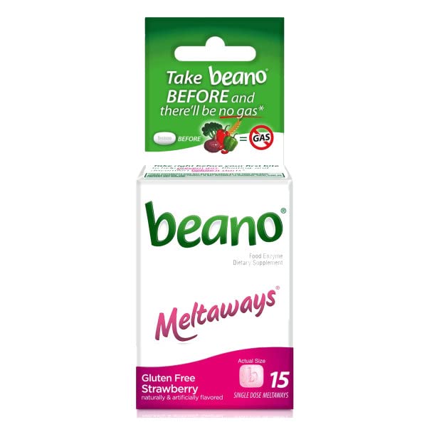 Beano Meltaways tablettes roses se dissolvent rapidement, utile avant repas riches en glucides.