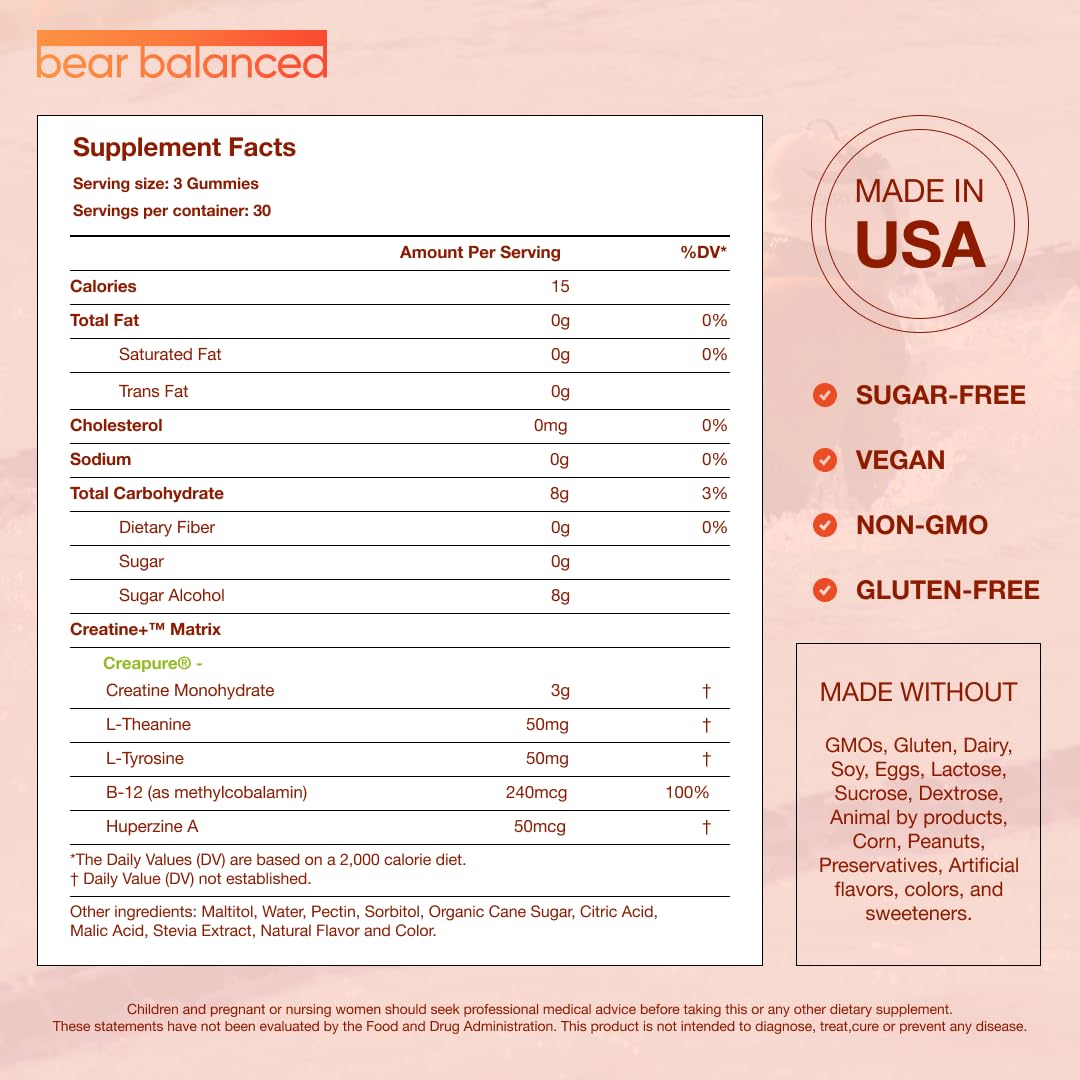 Étiquette Bear Balanced Creapure indiquant créatine monohydrate pure