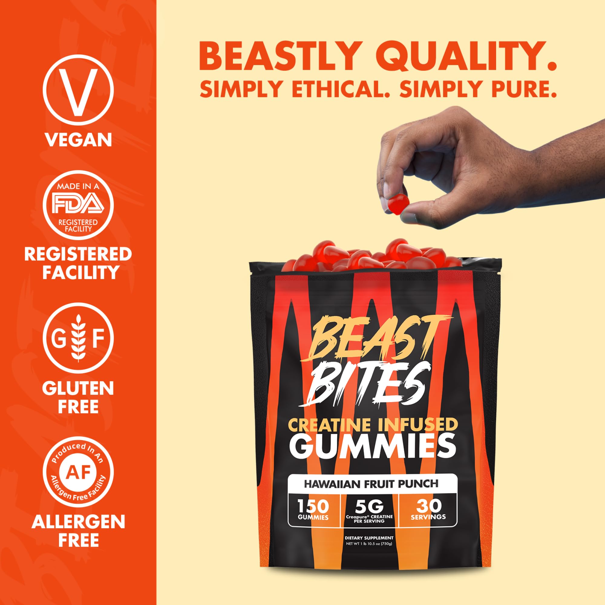 BEAST BITES Creatine Gummies, étiquette vegan sans OGM, soutien potentiel à la force et à la récupération.