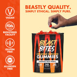 BEAST BITES Creatine Gummies, étiquette vegan sans OGM, soutien potentiel à la force et à la récupération.