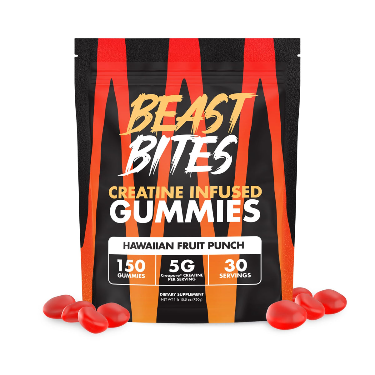 BEAST BITES Creatine Gummies, emballage, goût délicieux soutenant la performance physique.