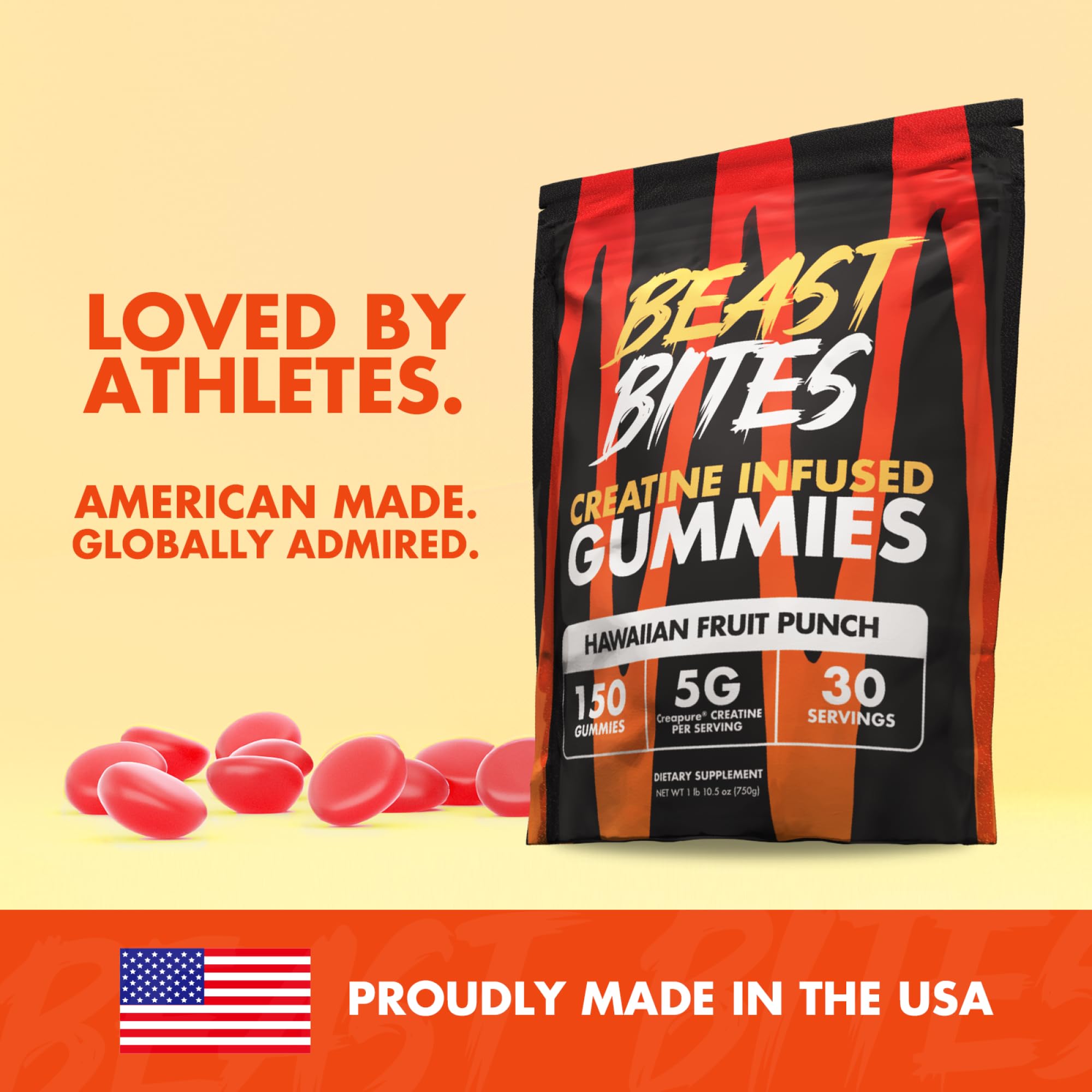 BEAST BITES Creatine Gummies, fabrication américaine et Creapure, sécurité et pureté pour le sport.