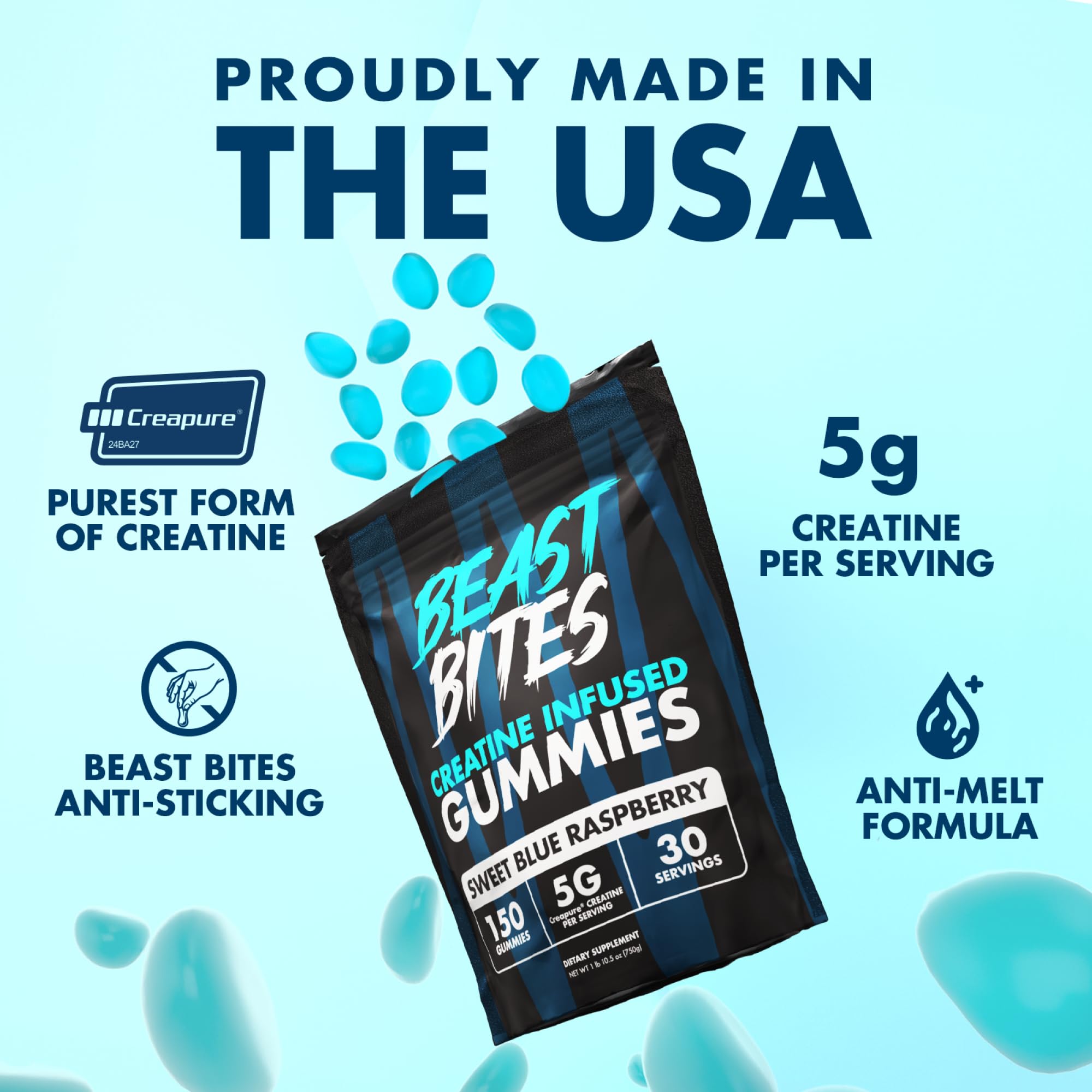 Gomme BEAST BITES Creatine, framboise bleue, prise pratique avant l’effort
