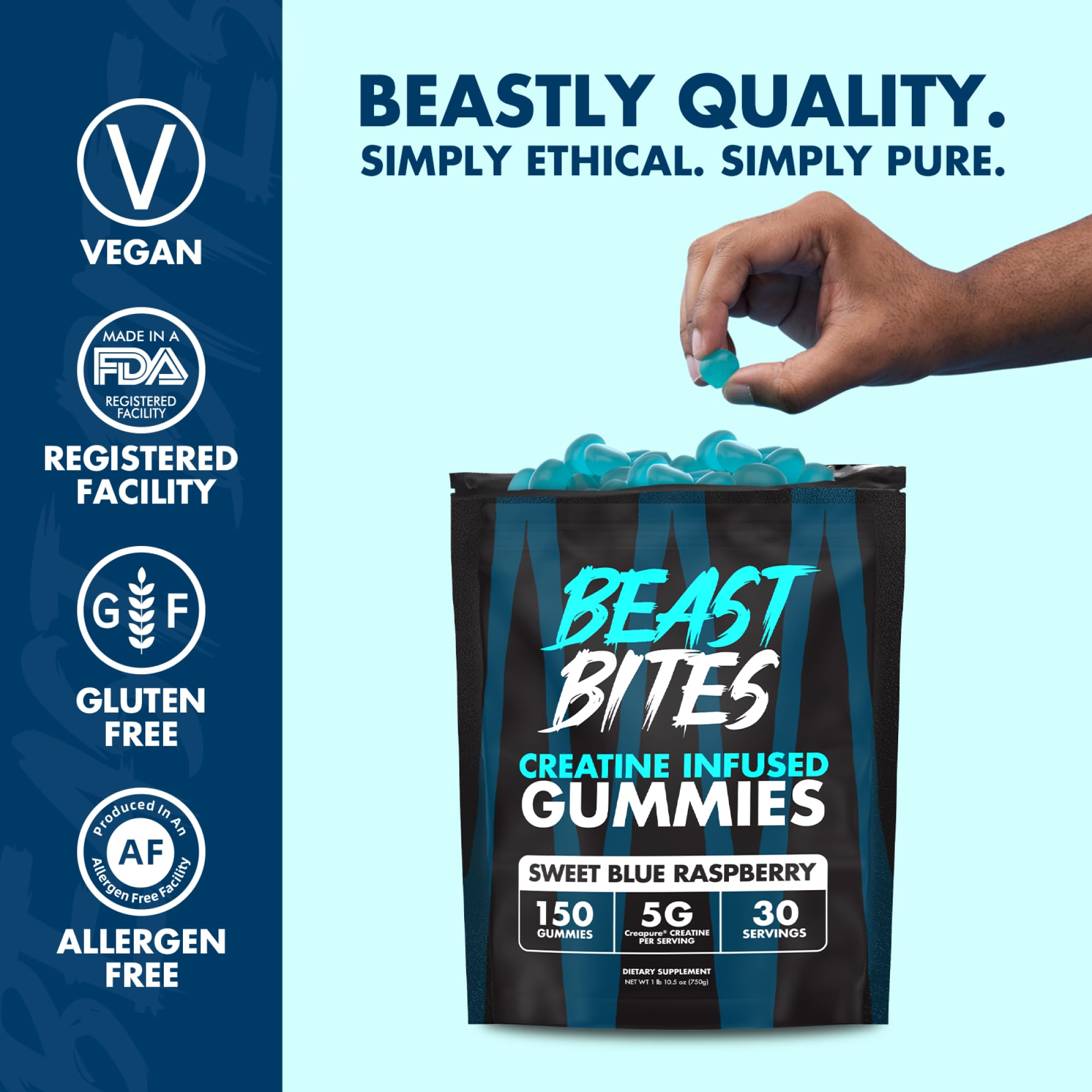Pré-entraînement BEAST BITES Creatine Gummies, framboise bleue et énergie