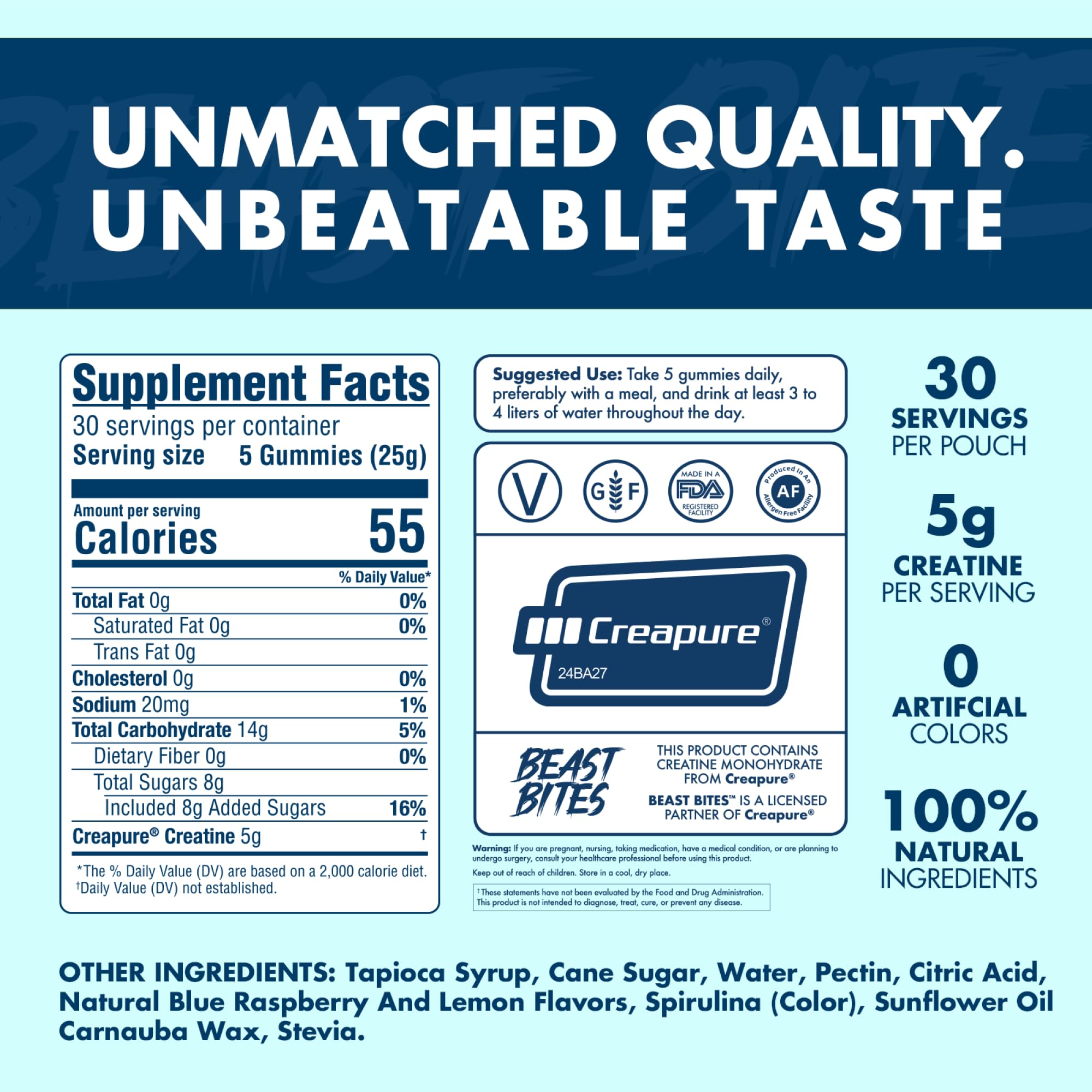 Format portable BEAST BITES Creatine Gummies, framboise bleue en déplacement