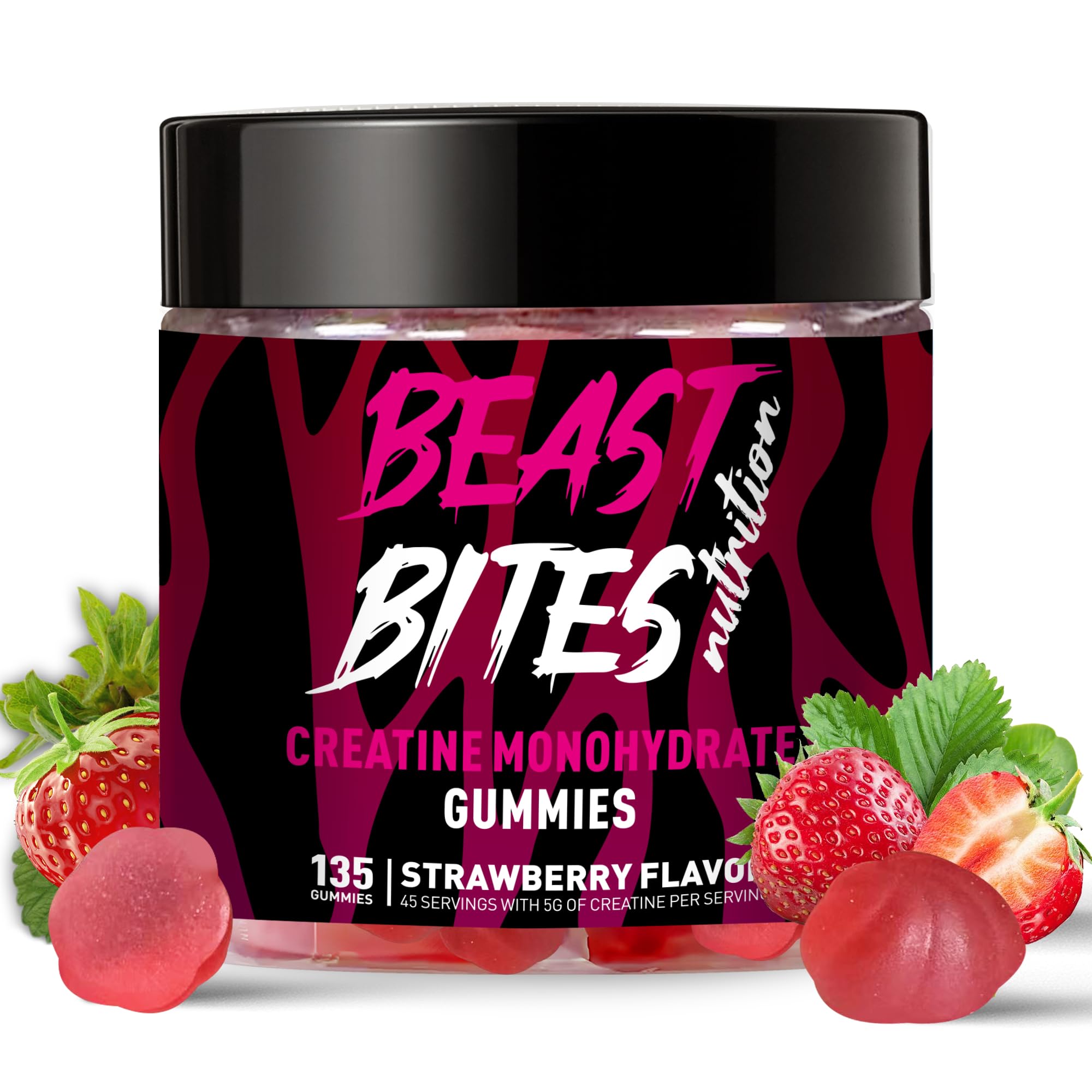 Gommes BEAST BITES Nutrition Creatine Monohydrate fraise dans la bouteille, énergie pré entrainement