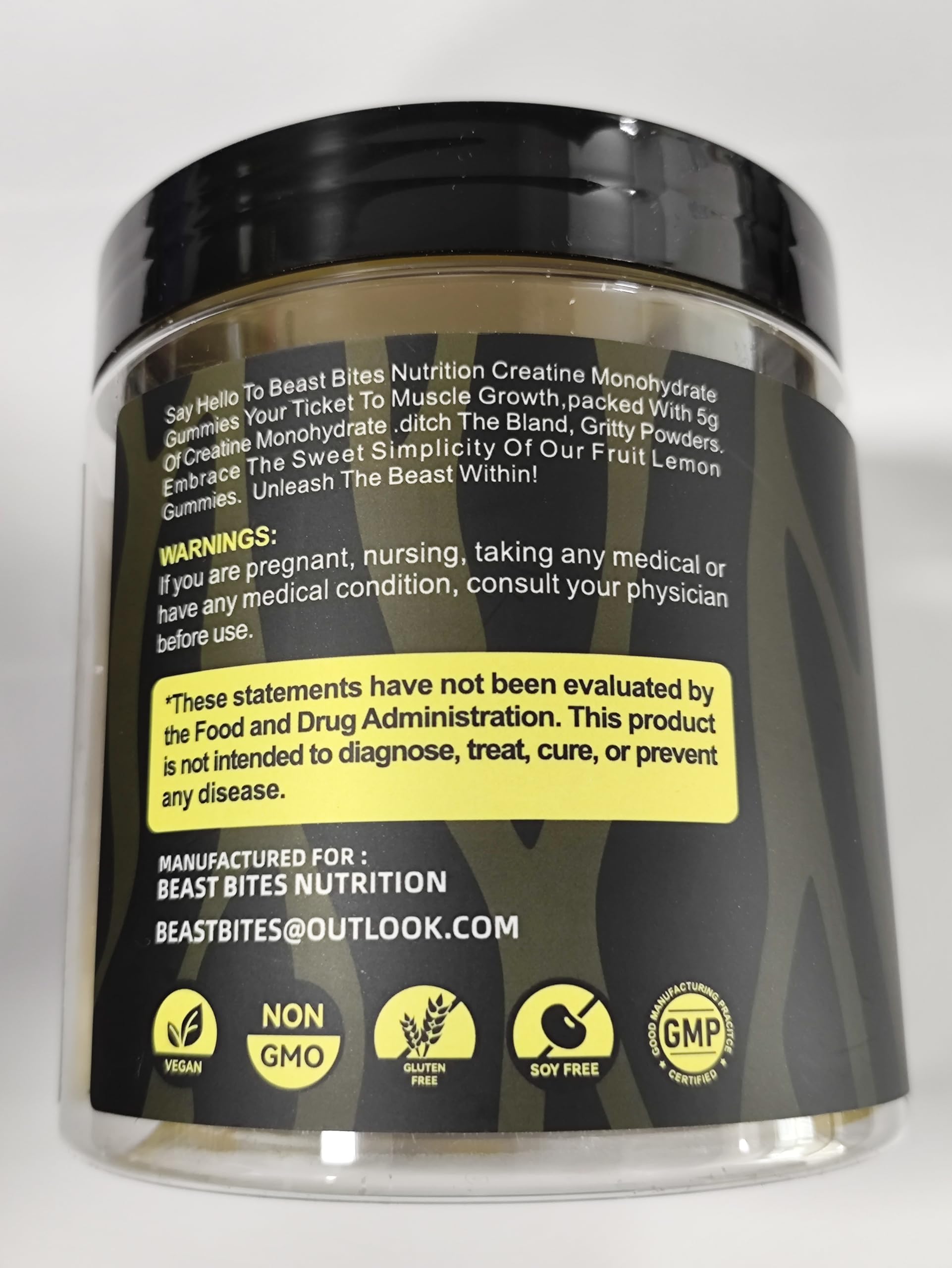 Trois gommes BEAST BITES Nutrition Créatine Monohydrate, dose quotidienne pratique.