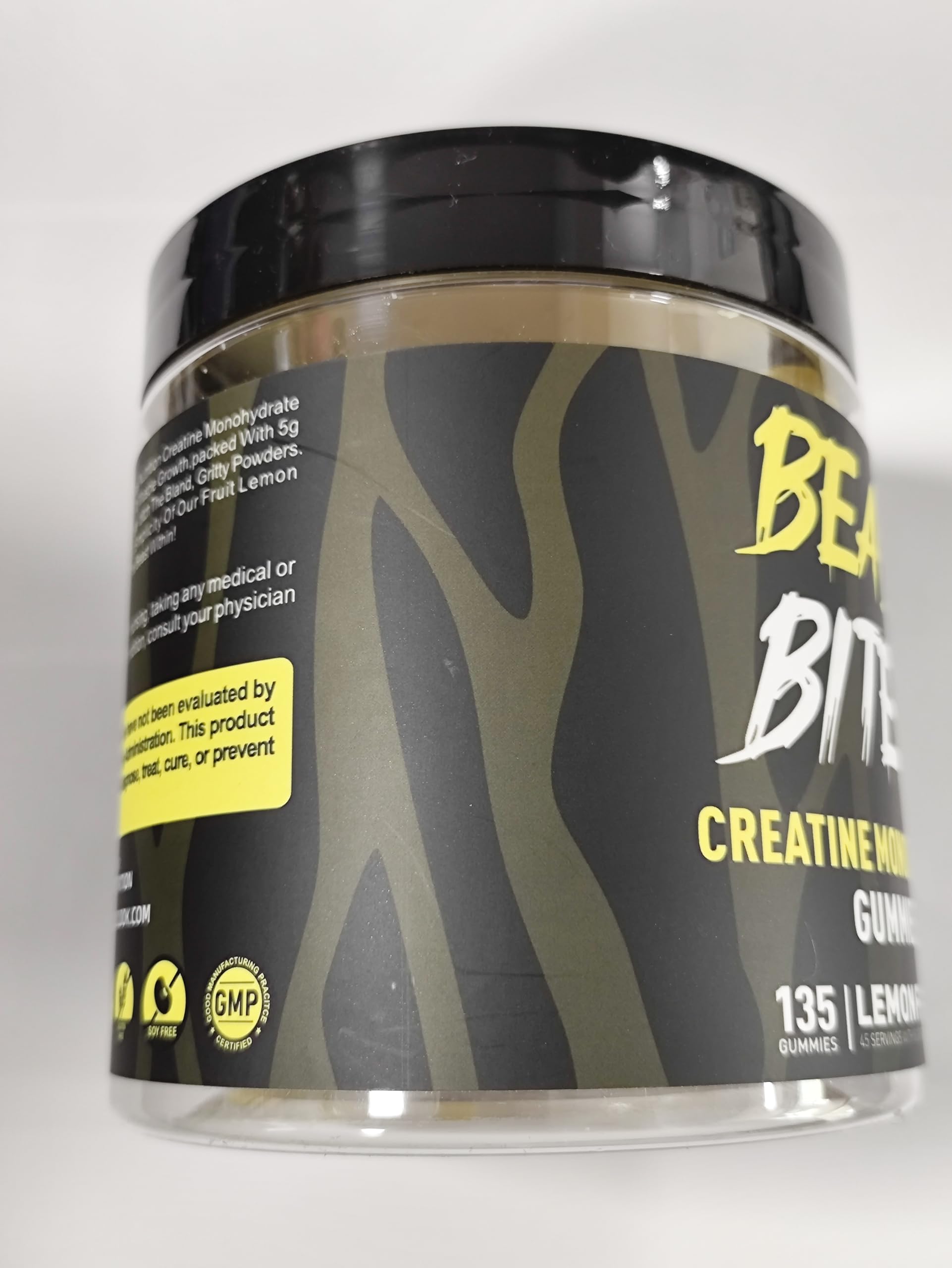 Étiquette GMP sur BEAST BITES Nutrition Gommes de Créatine Monohydrate, contrôle qualité.