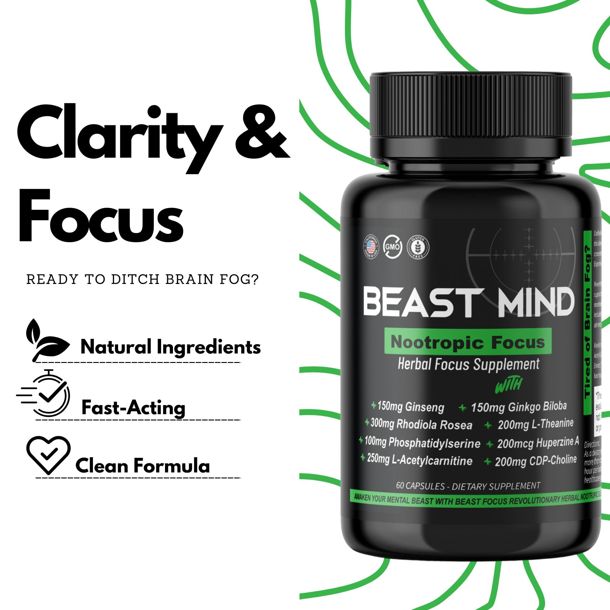 Beast Mind Focus: etiquette du flacon mettant en avant les ingrédients naturels