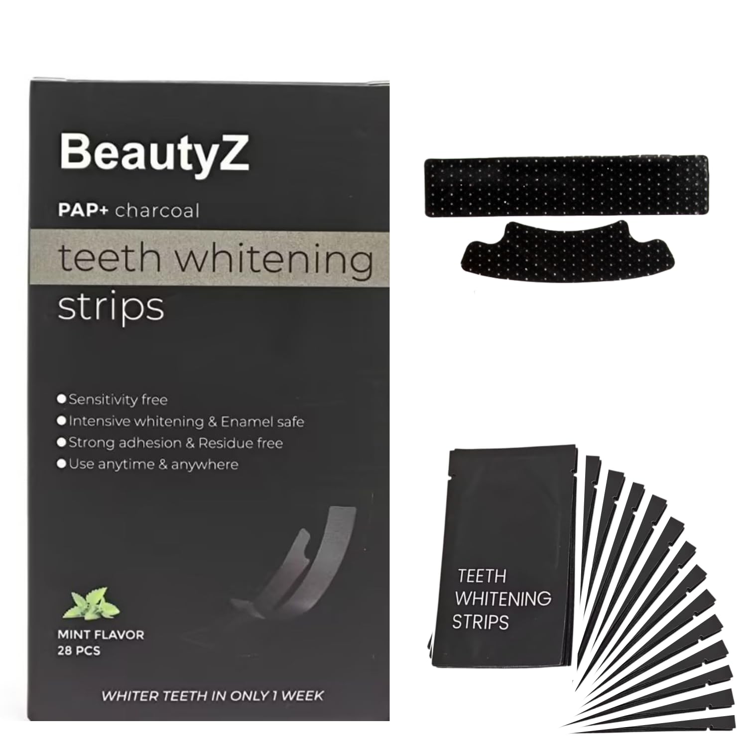 BeautyZ bandes blanchissantes PAP et charbon sur l emballage indiquant une solution douce