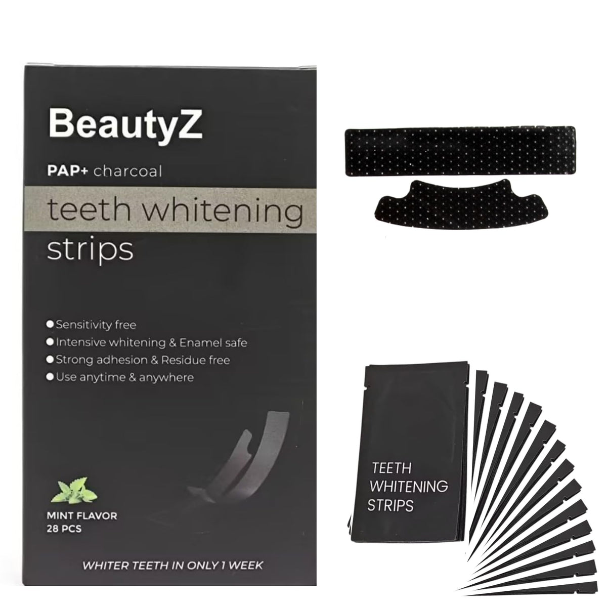 BeautyZ bandes blanchissantes PAP et charbon sur l emballage indiquant une solution douce