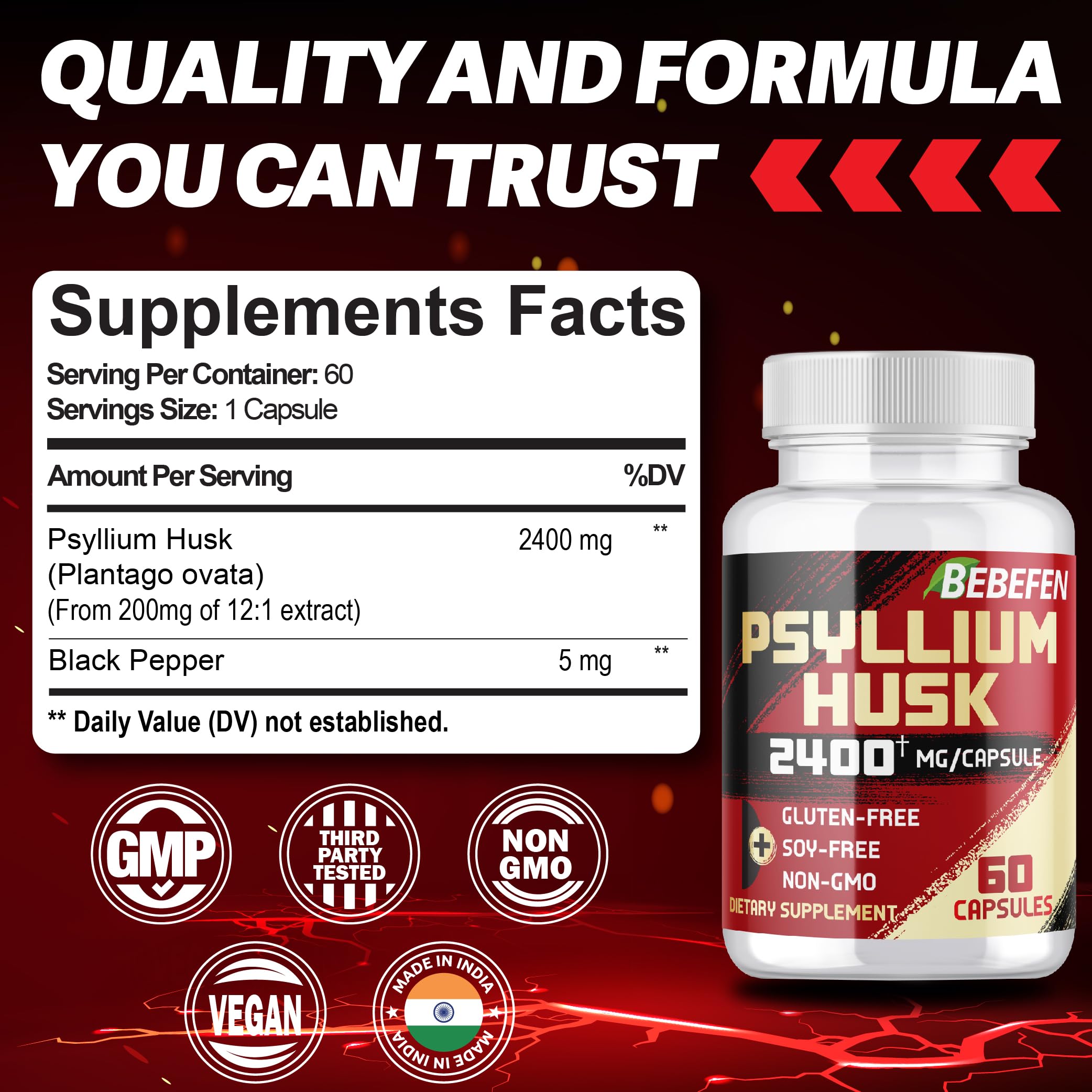 Capsules BEBEFEN psyllium avec poivre noir pour meilleure absorption et efficacité.