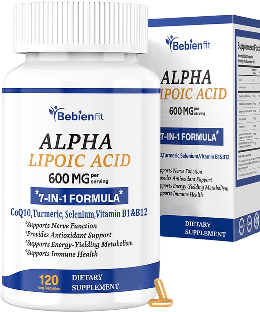 Bebien fit acide alpha-lipoïque 600 mg et CoQ10, bouteille pour soutien nerveux potentiel.
