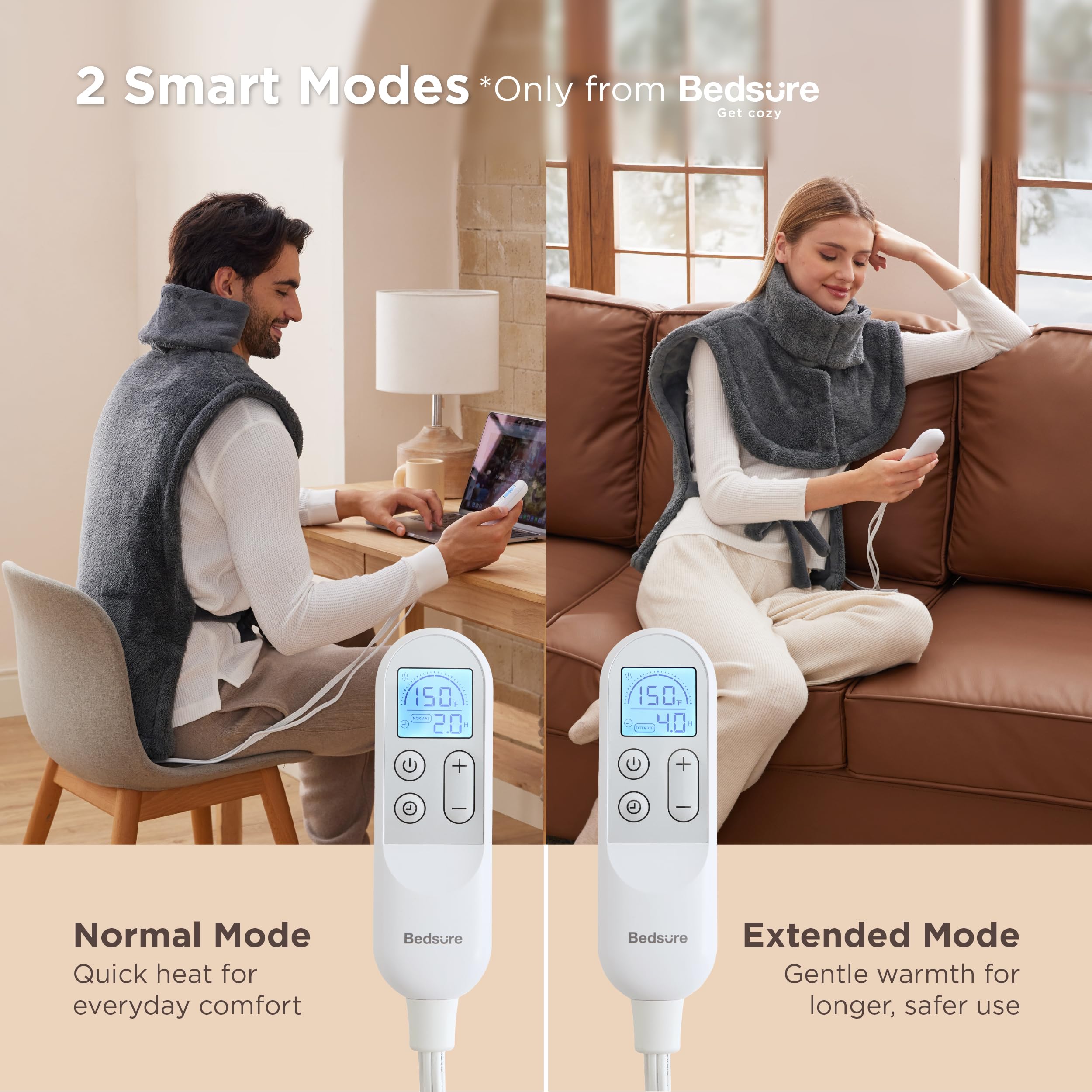 Bedsure Wrap Heating Pad certifiée sécurité, protections anti-surchauffe et arrêt automatique.