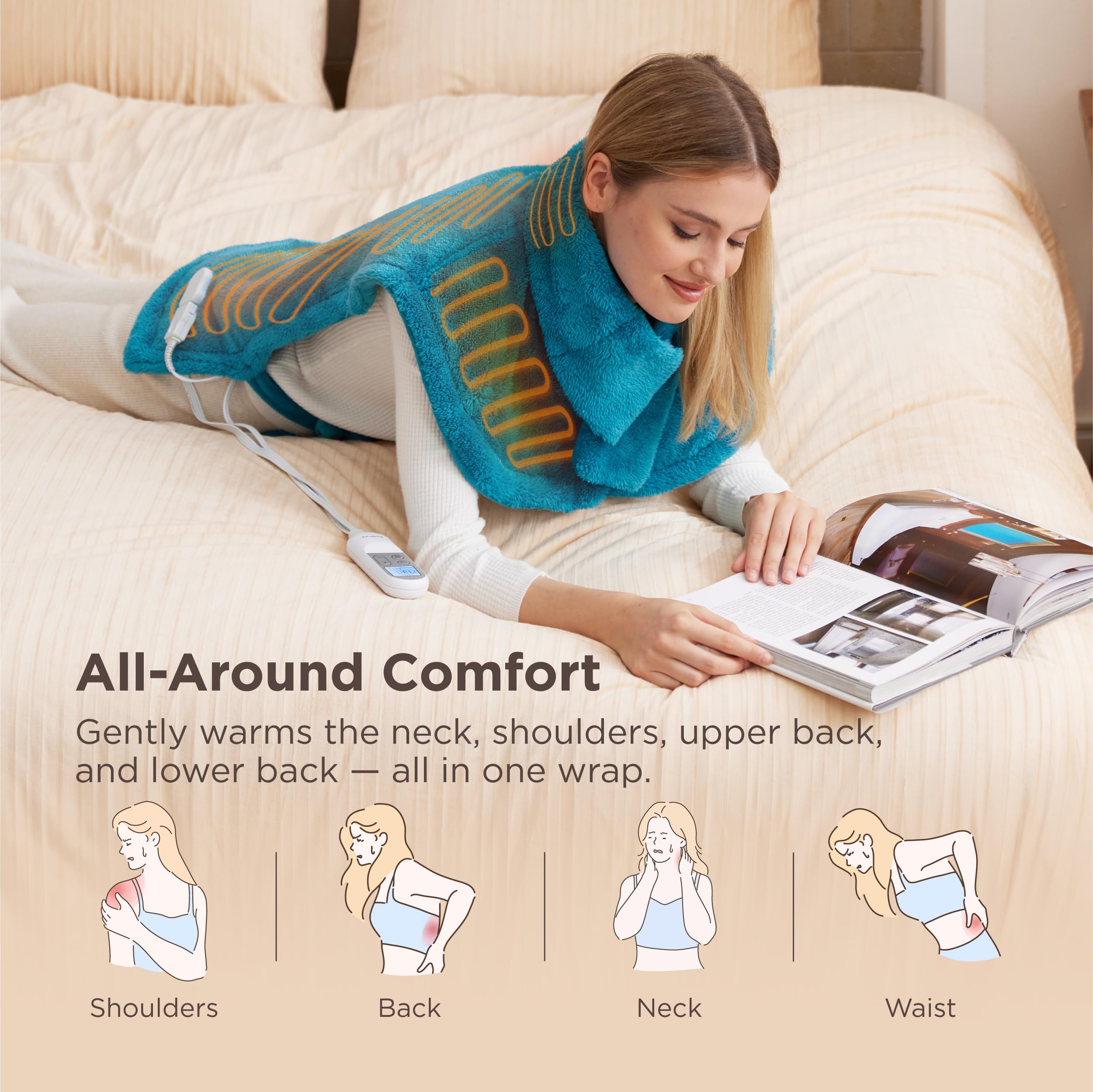 Bedsure Wrap Heating Pad design double-face, tissu doux et enveloppant.