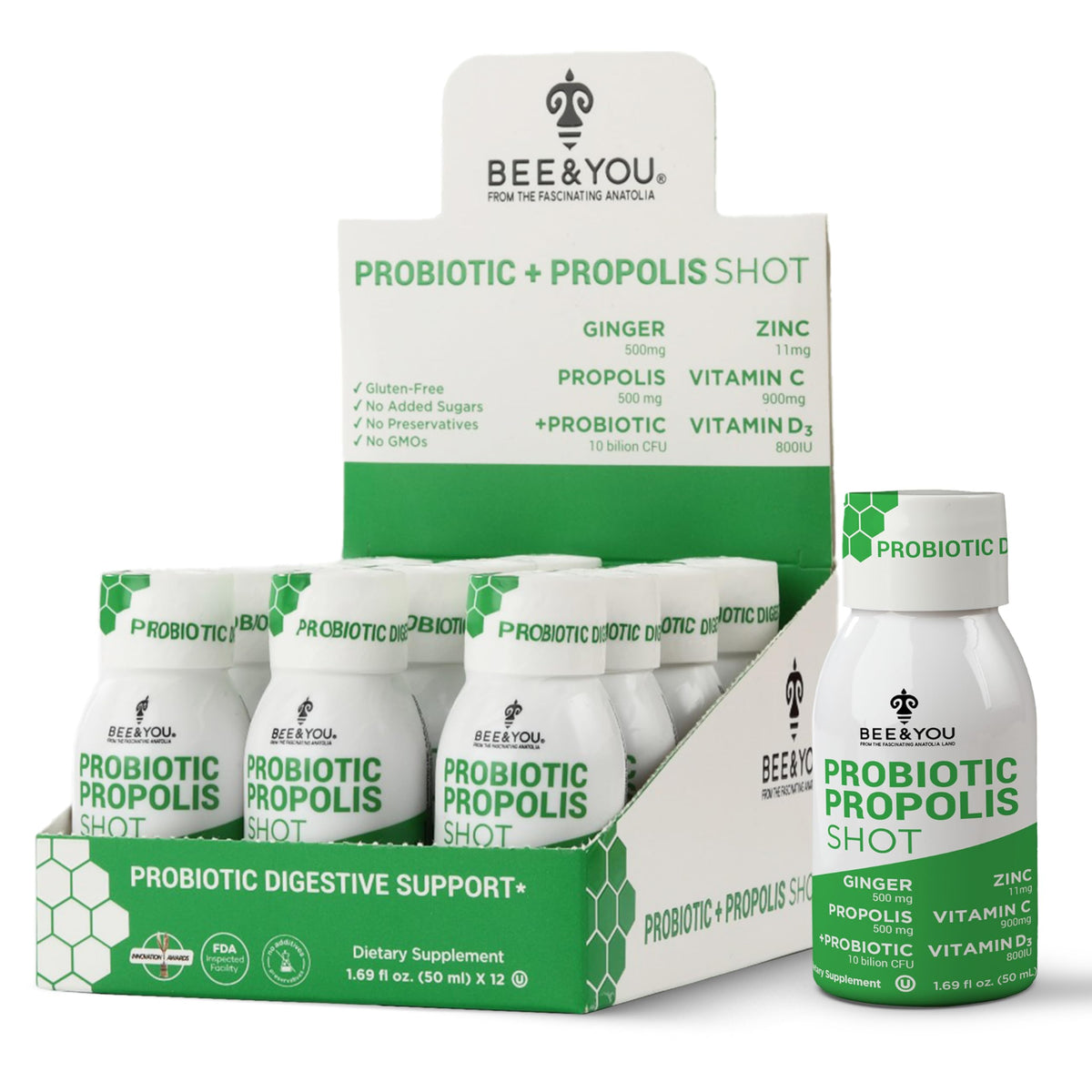 Bee & YOU Propolis Immun Shot: bouteille ouverte pour un coup de pouce immunitaire.
