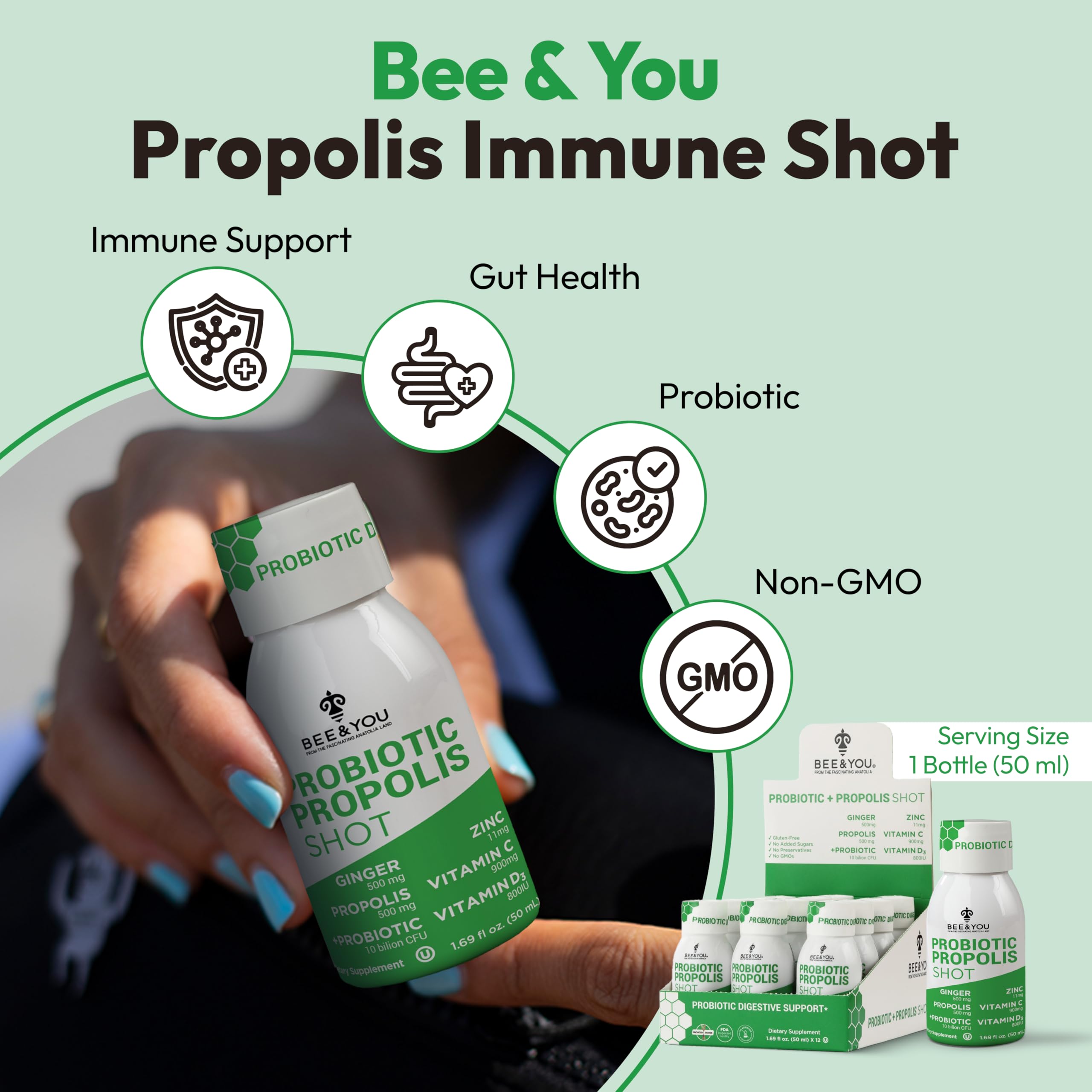 Bee & YOU Propolis Immun Shot: paquet de 12 bouteilles pratique.