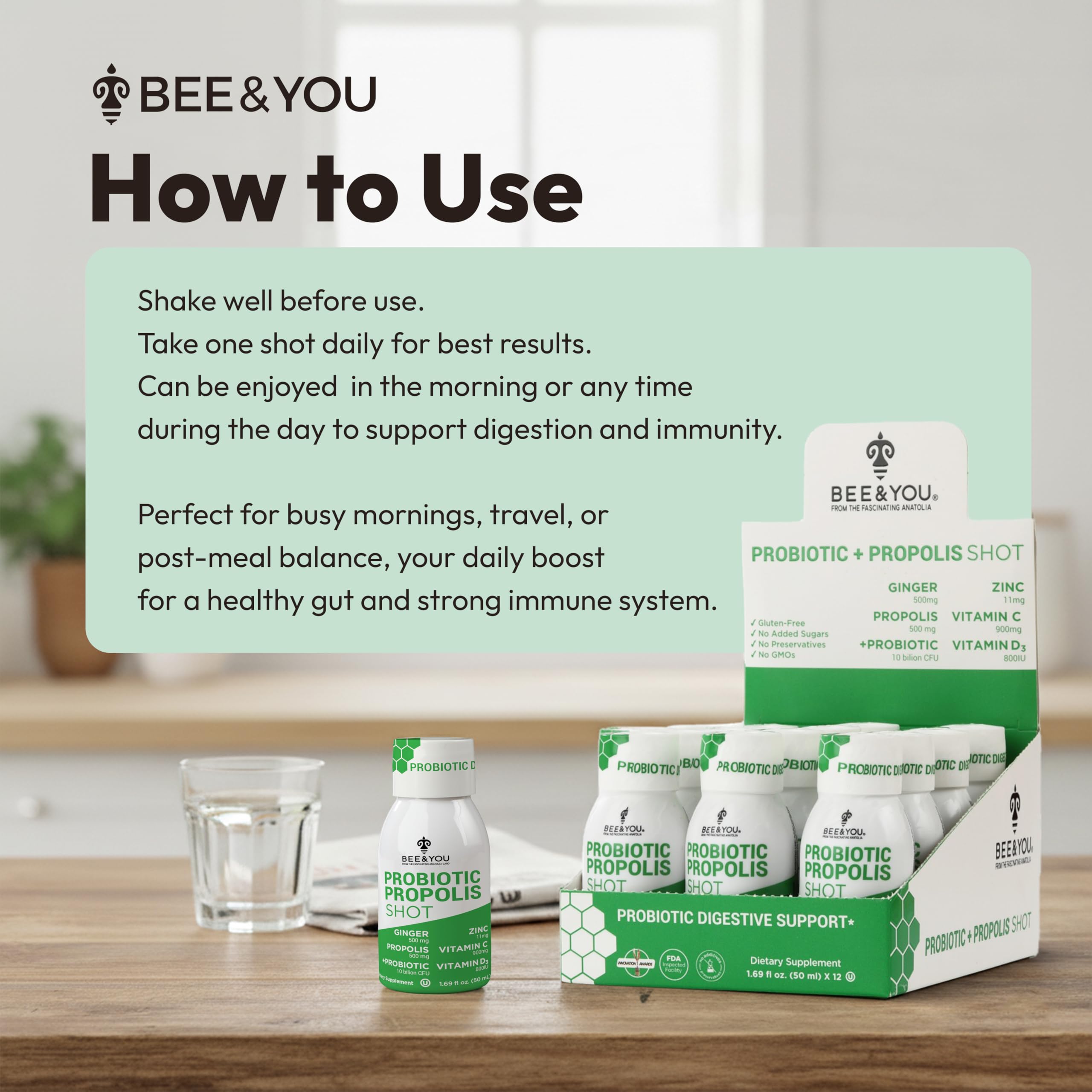 Bee & YOU Propolis Immun Shot: probiotiques Lactobacillus rhamnosus pour l'équilibre intestinal.