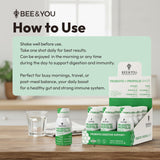 Bee & YOU Propolis Immun Shot: probiotiques Lactobacillus rhamnosus pour l'équilibre intestinal.