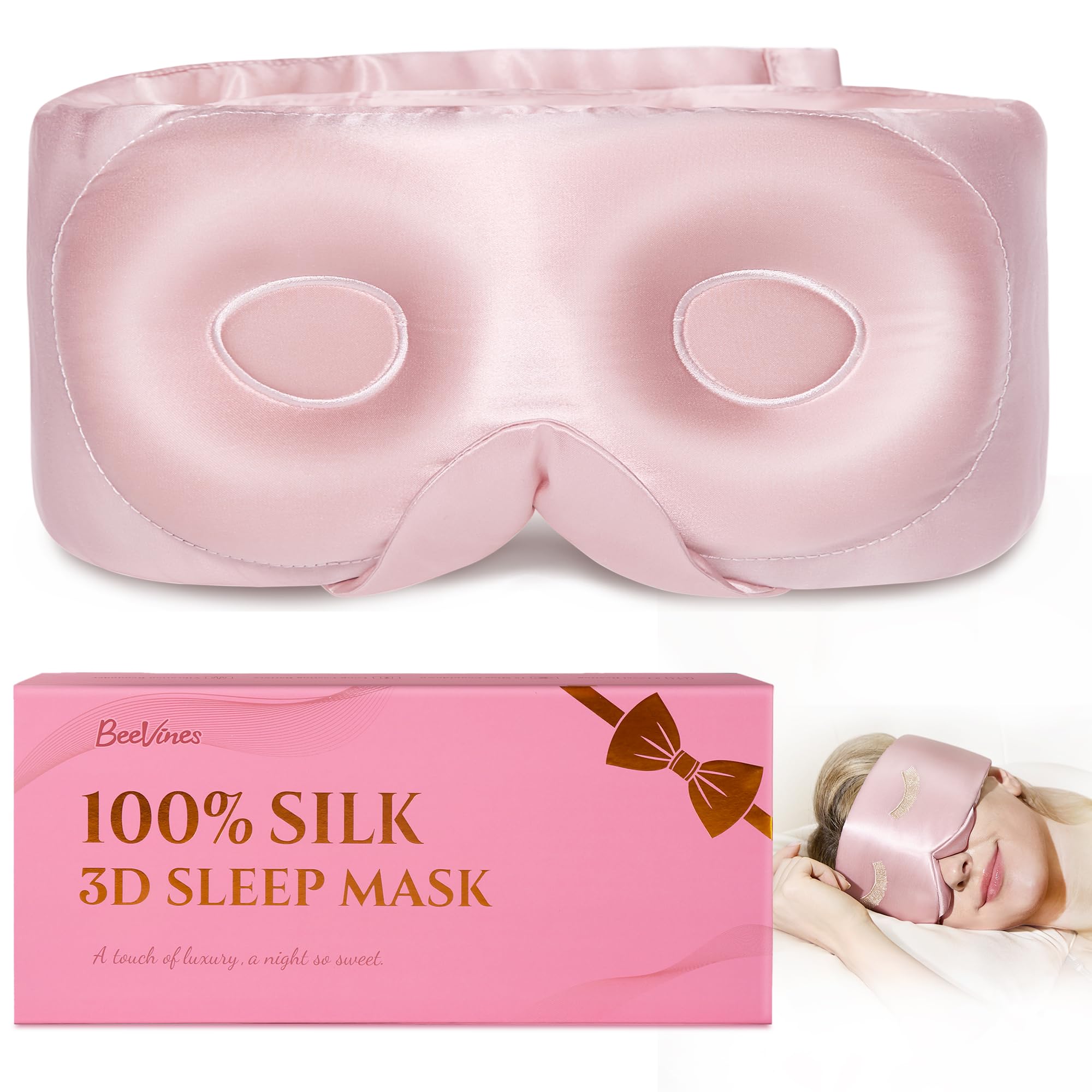 BeeVines Masque Sommeil 3D en soie: contour précis et douceur luxueuse.